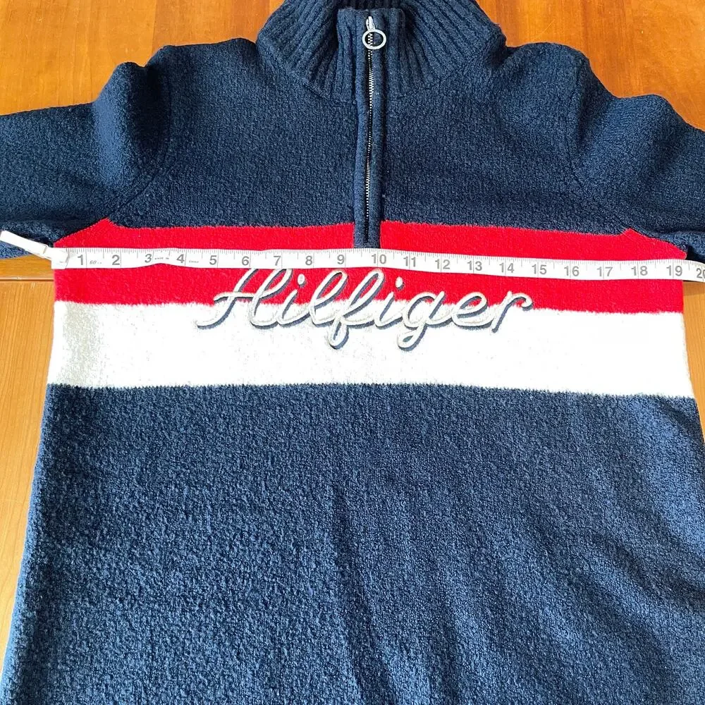 Tommy Hilfiger Quarter Zip Sweater Men’s Medium Navy Red White Logo Pullover
